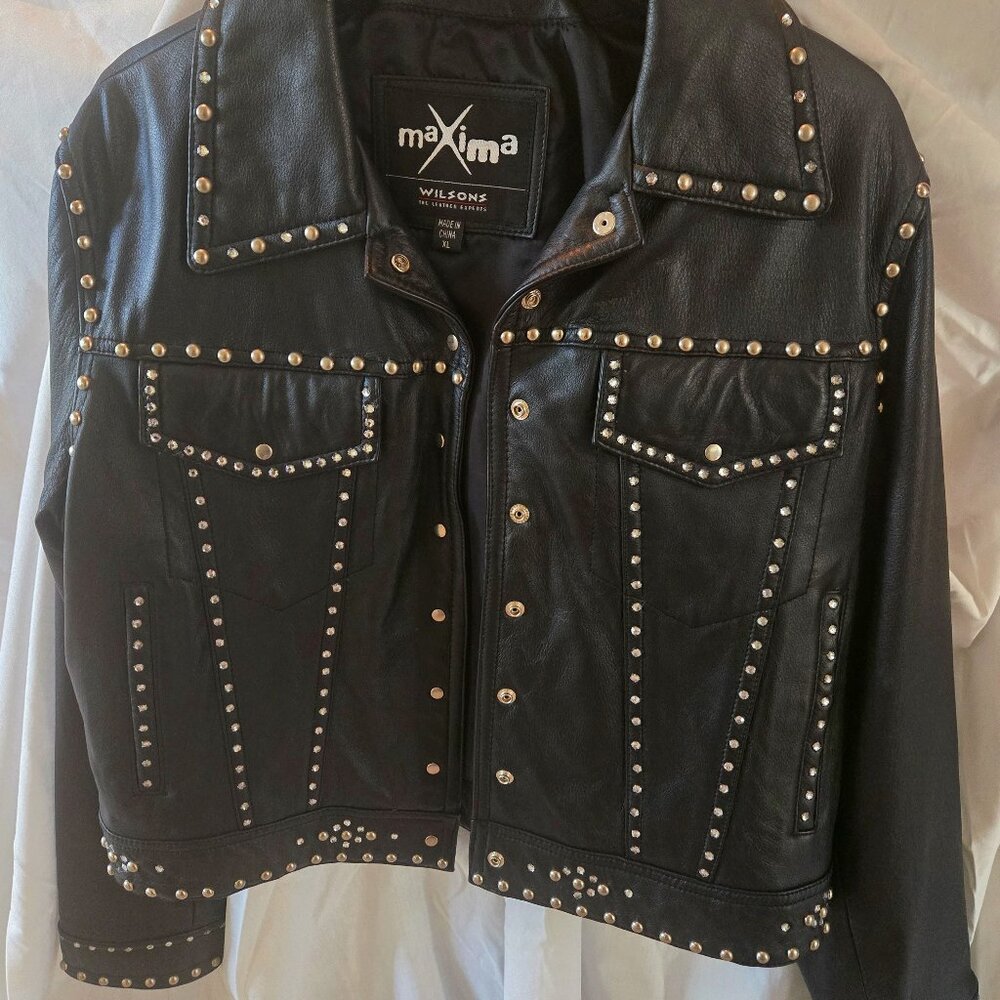 Black Leather Studded Moto Jacket XL
